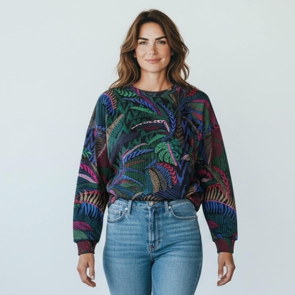 FARM Rio Amazonian Night Crewneck Sweater Size S Multicolor Boxy Fit